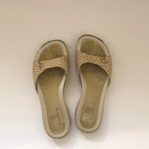 Cole Haan Golden Tone Ostrich Embossed Leather Slides
